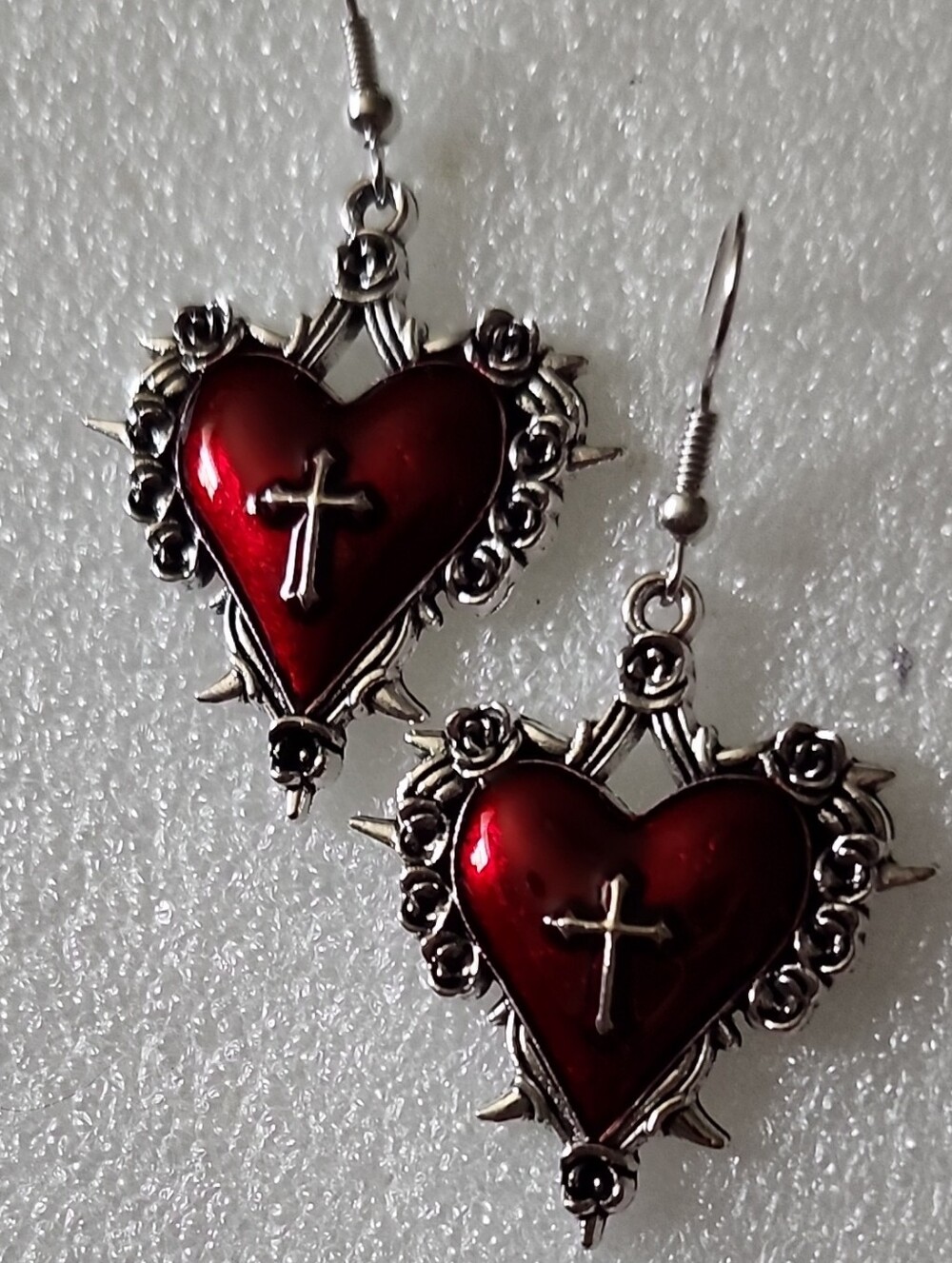 Hand Crafted Red Heart Cross Dangle Earrings